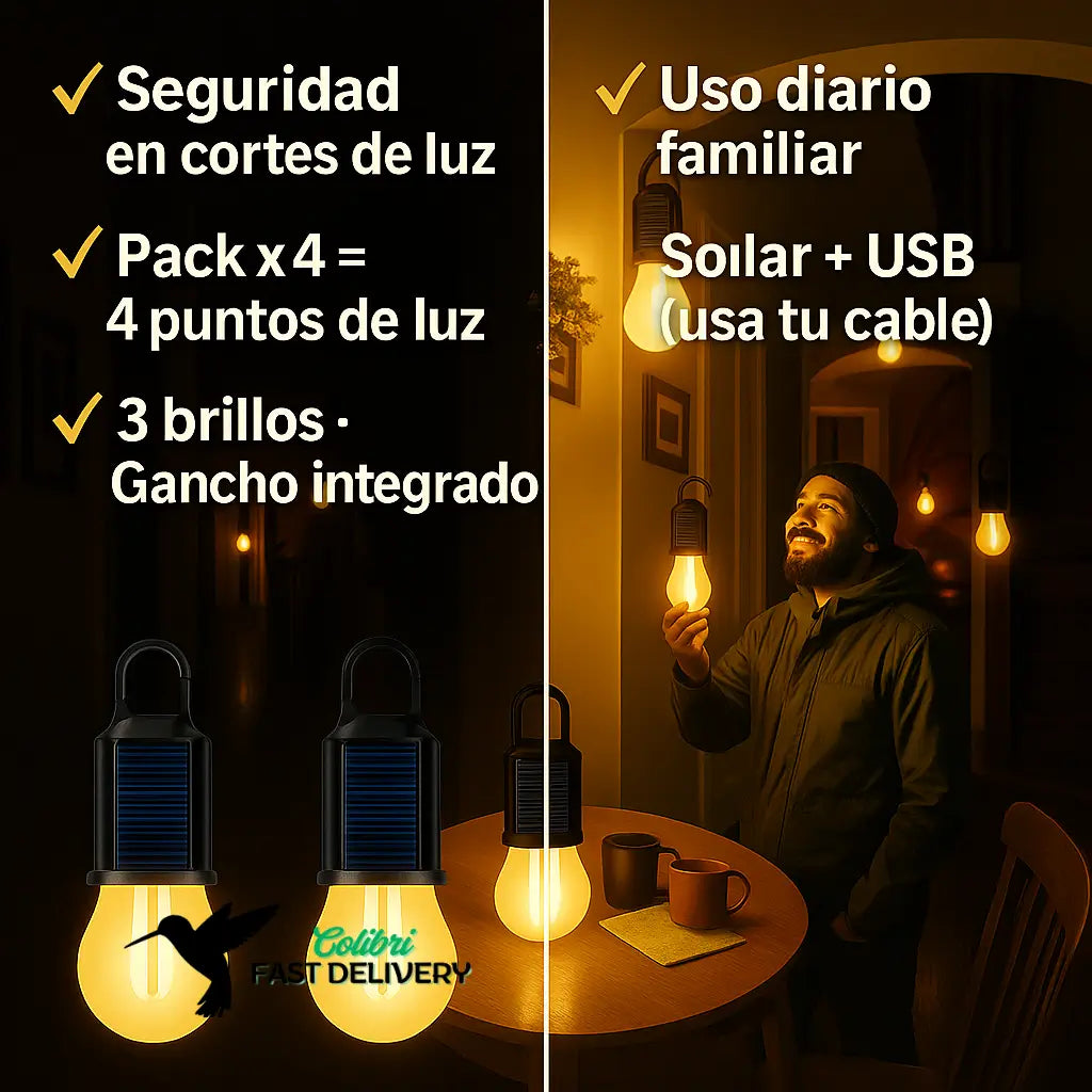 🔦 Pack x4 Ampolletas LED Portátiles (Solar + USB)