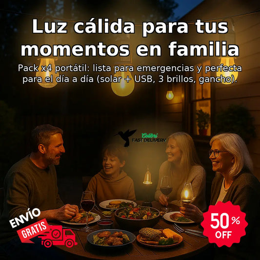 🔦 Pack x4 Ampolletas LED Portátiles (Solar + USB)